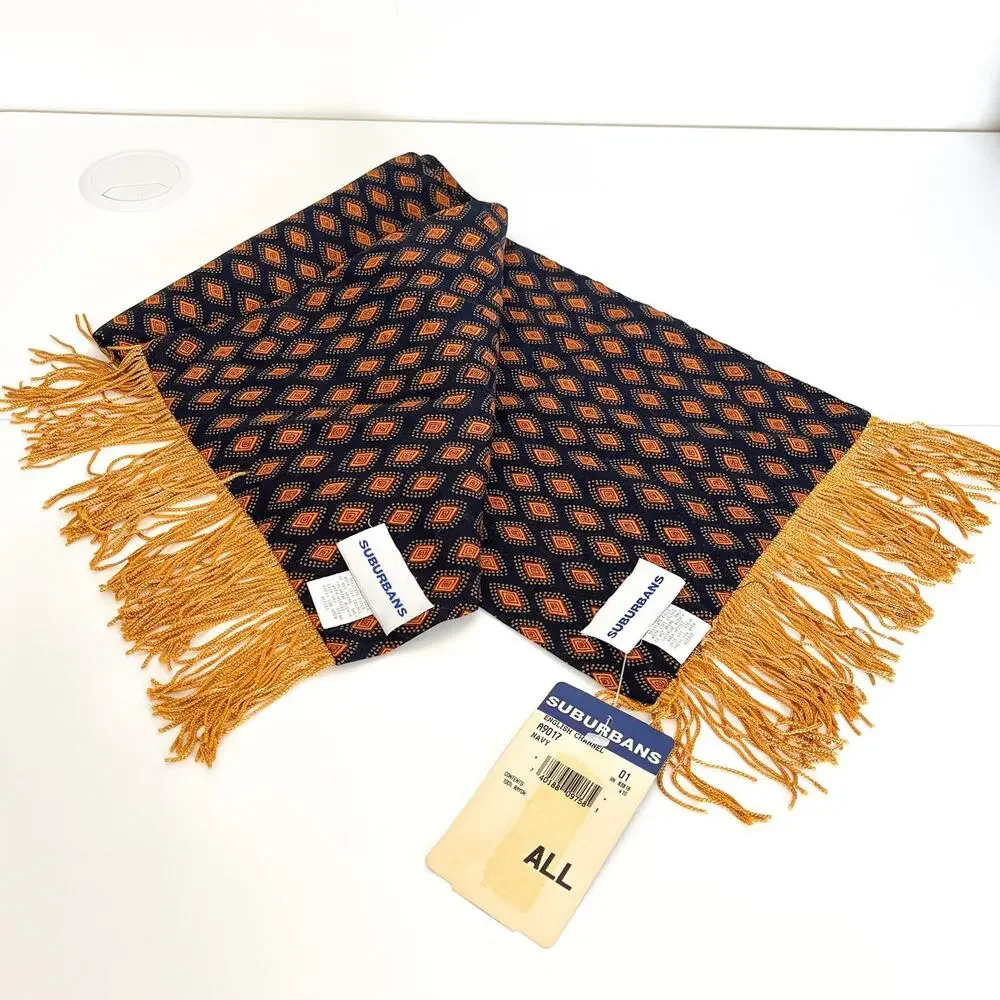 Suburbans Vintage English Channel Diamond Print Scarf Blue Gold Fringe‎ USA Made